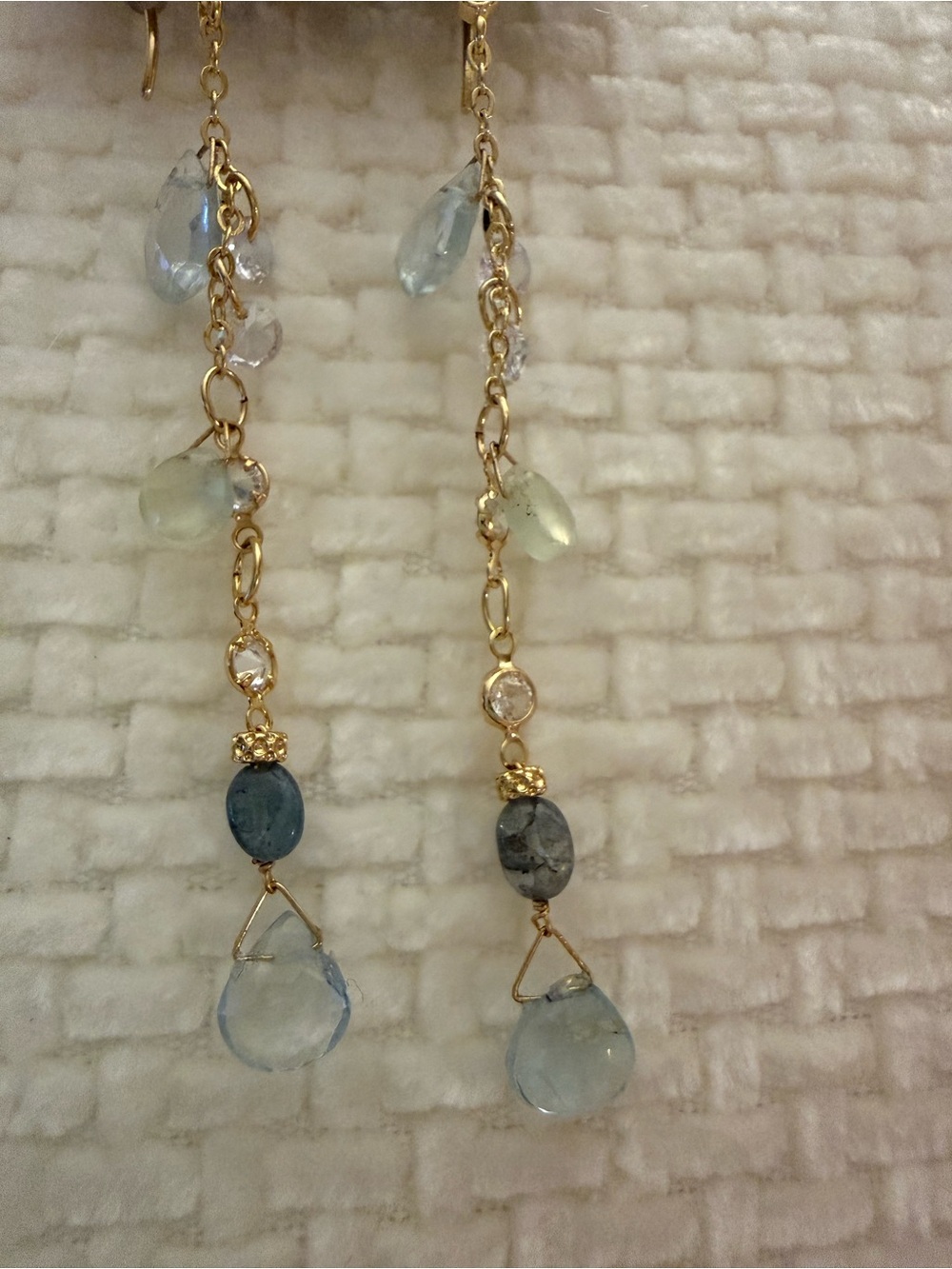 Anthropologie Gold Chain Drop Earrings with Light Blue and Aquamarine Gemstones